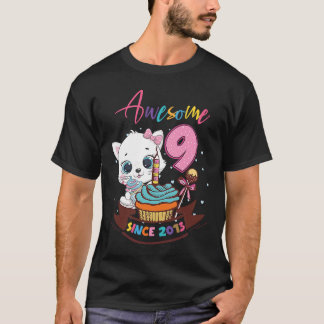 9 Years Old 9th Birthday Girls Cute Cat Awesome Si T-Shirt