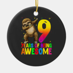 9 Years Old Birthday Sloth Dabbing 9th Birthday Sl Ceramic Ornament