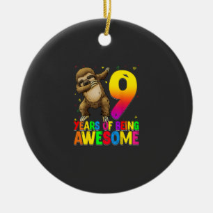 9 Years Old Birthday Sloth Dabbing 9th Birthday Sl Ceramic Ornament