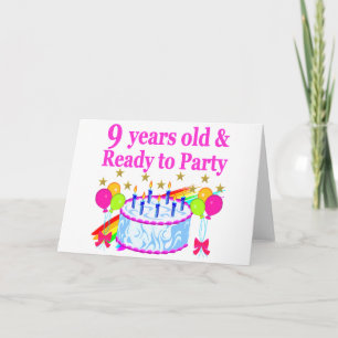 9 YRS OLD AND READY TO PARTY BIRTHDAY CAKE DESIGN CARD