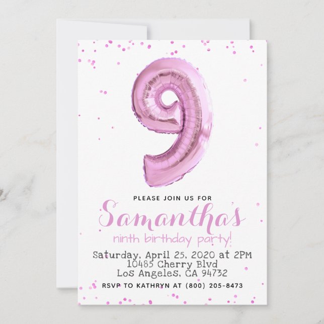 9e anniversaire Invitation au ballon rose Pastel (Devant)