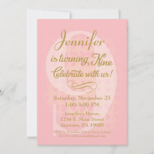 9e anniversaire Invitation Filles Coeurs d'or rose