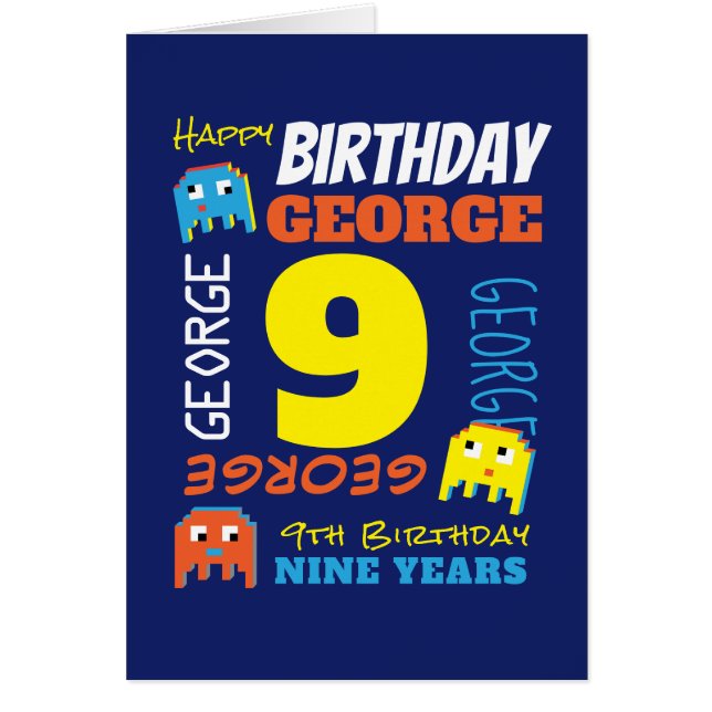 9e anniversaire nom personnalisé jaune bleu pixel  (Devant)