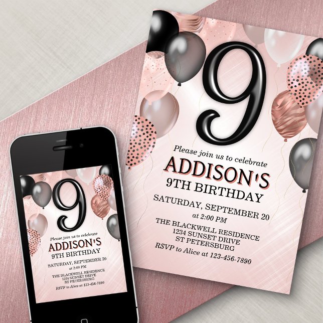 9e anniversaire Rose Gold Balloons Invitation (Créateur téléchargé)