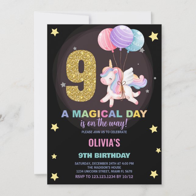 9e anniversaire Unicorn Anniversaire Invitations (Devant)