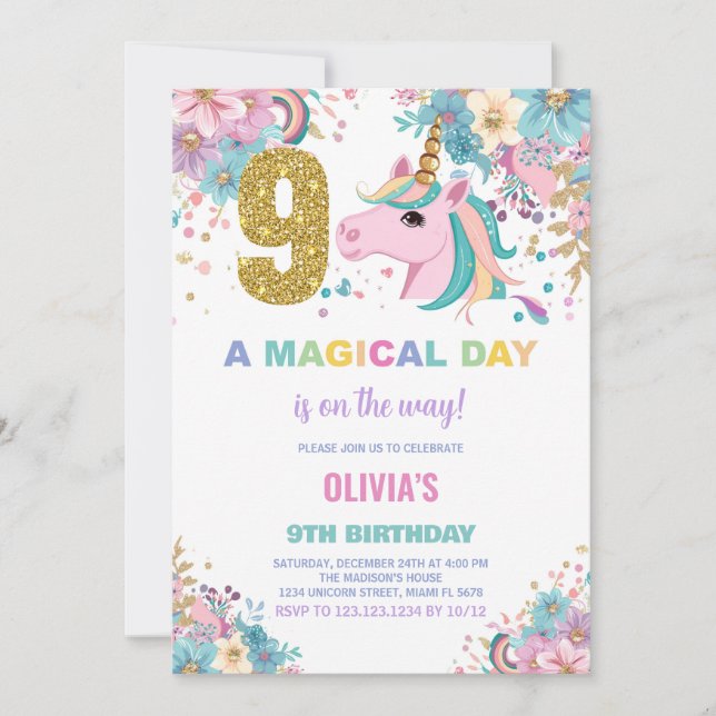 9e anniversaire Unicorn Anniversaire Invitations (Devant)