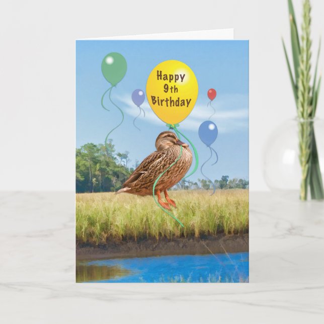9e carte d'anniversaire avec canard et ballons (Devant)
