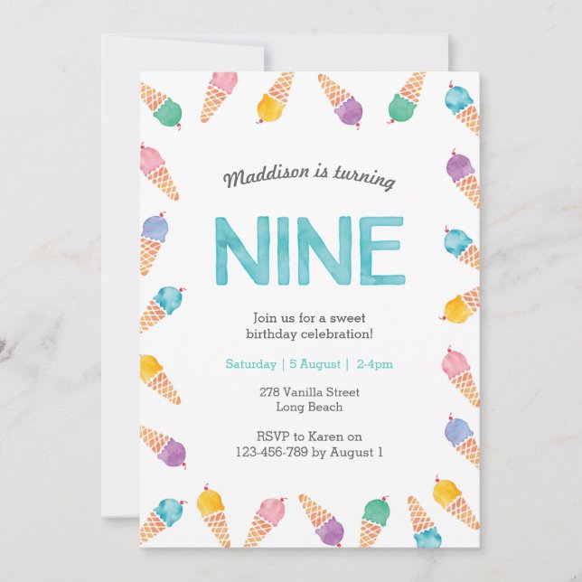 9e fête d'anniversaire | Invitation à la crème gla (Devant)