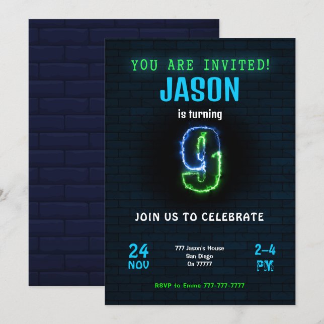 9e Invitation d'anniversaire de garçon (Devant / Derrière)