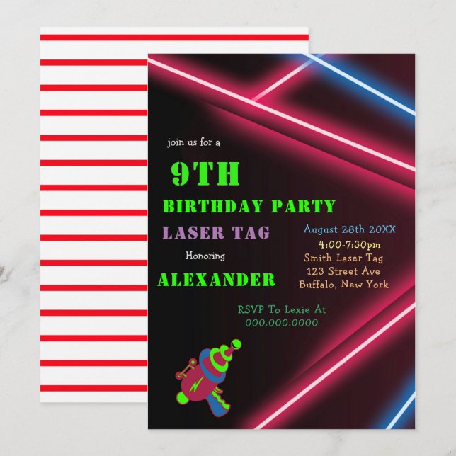 9e Neon Anniversaire Laser Invitations de la parti (Devant / Derrière)