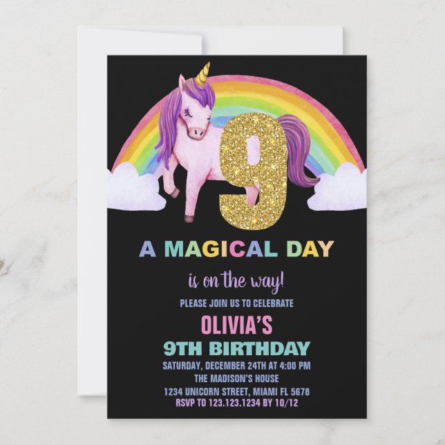 9e Rainbow Unicorn Anniversaire Invitations Partie (Devant)