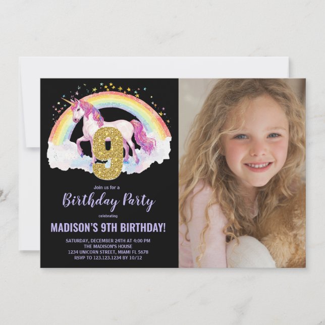 9e Rainbow Unicorn Birthday Invitations photo (Devant)