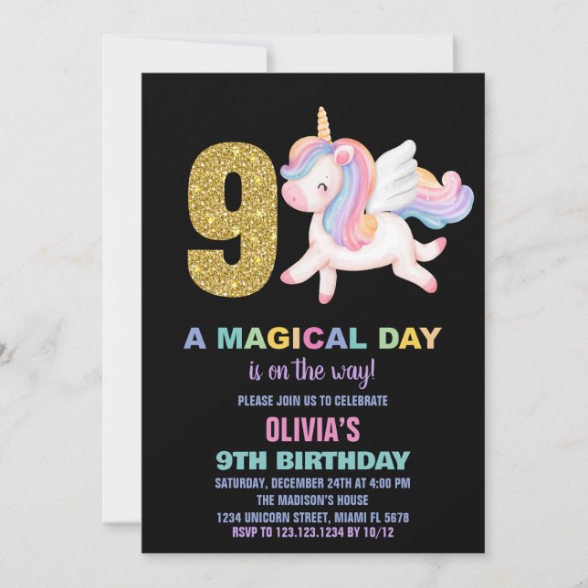 9e Rainbow Unicorn Invitations Anniversaire Noir (Devant)