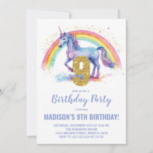 9e Rainbow Unicorn Invitations d'anniversaire