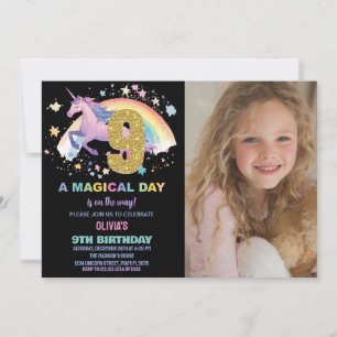 9e Unicorn Invitations d'anniversaire avec photo