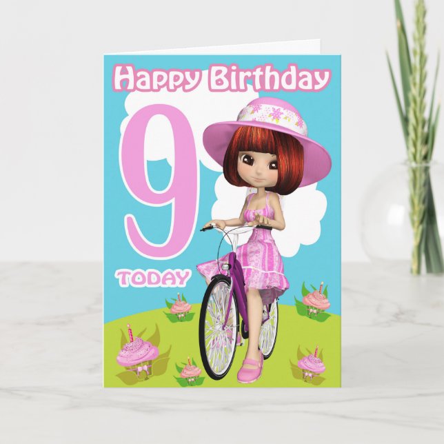 9ème Anniversaire Carte Jolie Petite Fille Sur Un  (Devant)