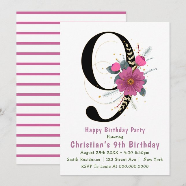 9ème typographie florale Invitations d'anniversair (Devant / Derrière)