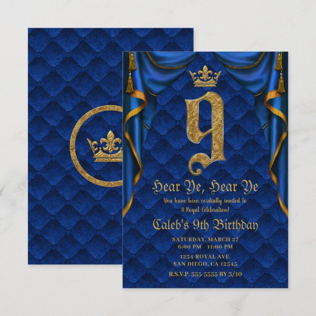 9TH 9 Birthday Party Royal Blue Gold Crown    Invitation (Front/Back)