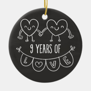 9th Anniversary Gift Chalk Hearts Ceramic Ornament