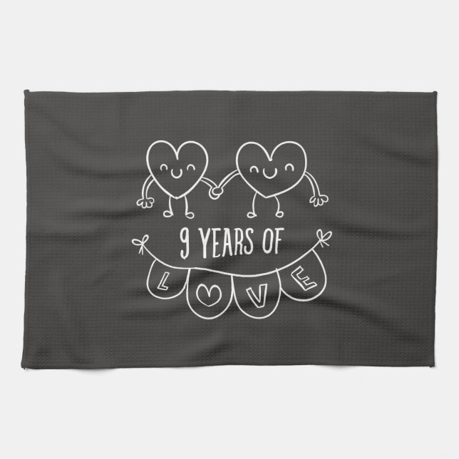 9th Anniversary Gift Chalk Hearts Kitchen Towel (Horizontal)