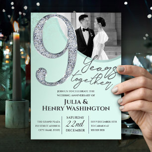 9th Anniversary Modern Photo Diamond Mint Green Invitation
