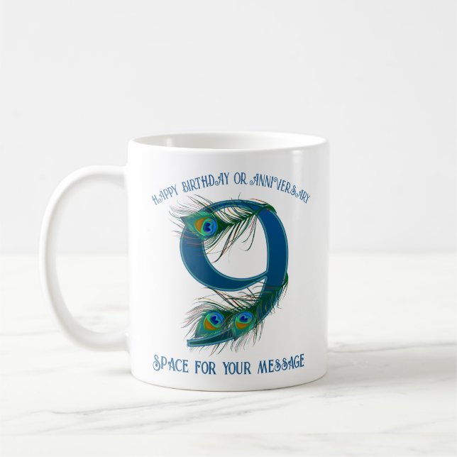 9th Anniversary Peacock Feather Customizable Coffee Mug (Left)