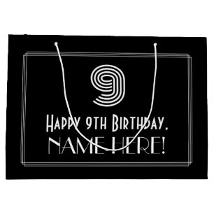 9th Birthday — Art Deco Inspired Look "9" & Name Large Gift Bag