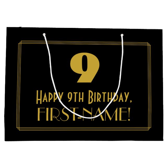 9th Birthday — Art Deco Inspired Look "9" & Name Large Gift Bag (Back)