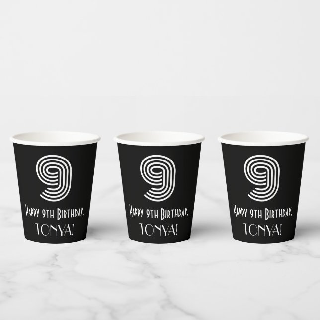 9th Birthday — Art Deco Inspired Look “9” + Name Paper Cups (Multi)