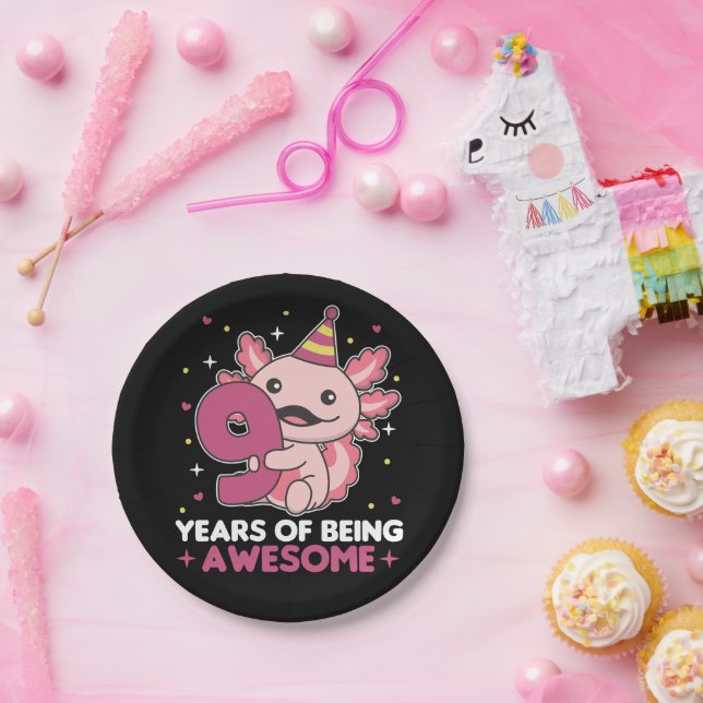 9th Birthday Axolotl Nine Year Old Cute Axolotls S Paper Plate (Party)
