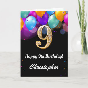 9th Birthday Black and Gold Colourful Balloons Car Card