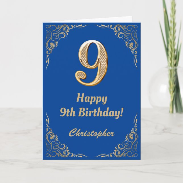 9th Birthday Blue and Gold Glitter Frame Card (Front)