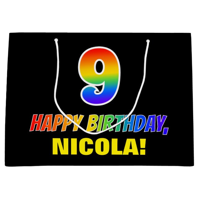 9th Birthday: Bold, Fun, Simple, Rainbow 9 Large Gift Bag (Front)