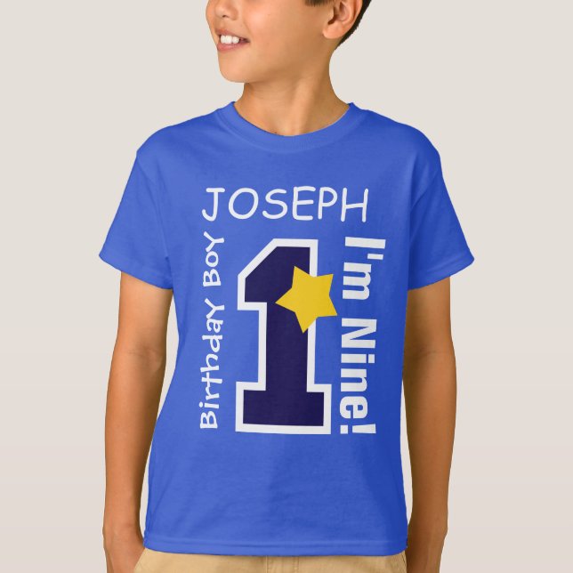 9th Birthday Boy BLUE One Year Custom Name A09 T-Shirt (Front)