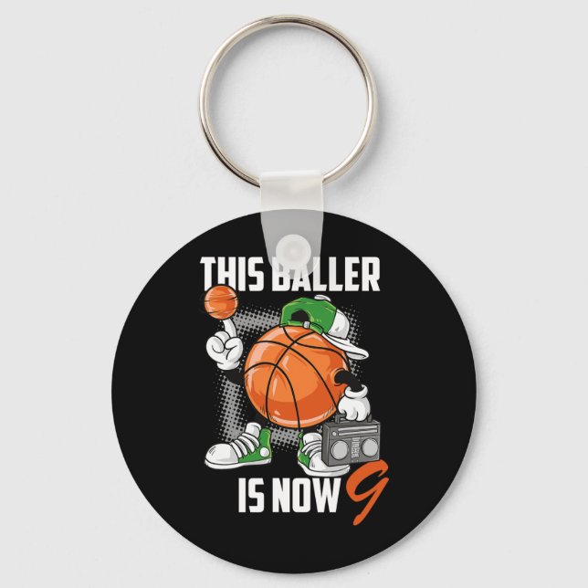 9th Birthday Bysketbyll Player Fun 9 Years Old Kid Keychain (Front)