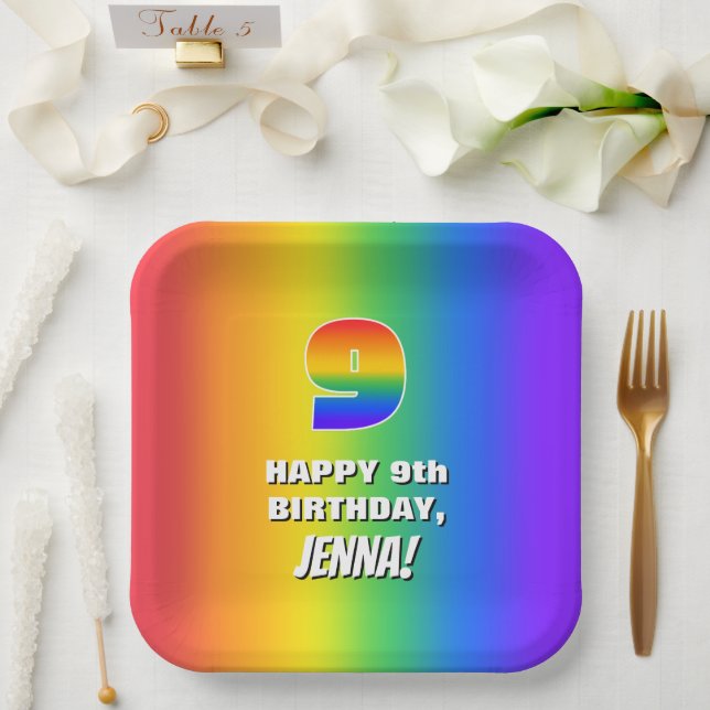9th Birthday: Colourful, Fun Rainbow Pattern # 9 Paper Plate (Wedding)