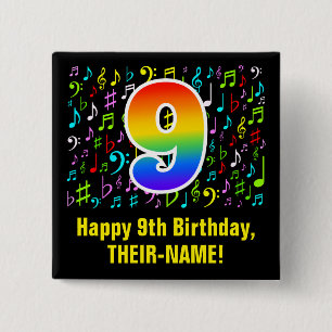 9th Birthday: Colourful Music Symbols, Rainbow 9 2 Inch Square Button