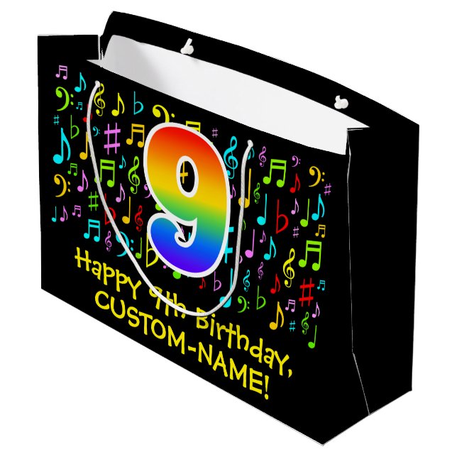 9th Birthday - Colourful Music Symbols, Rainbow 9 Large Gift Bag (Back Angled)