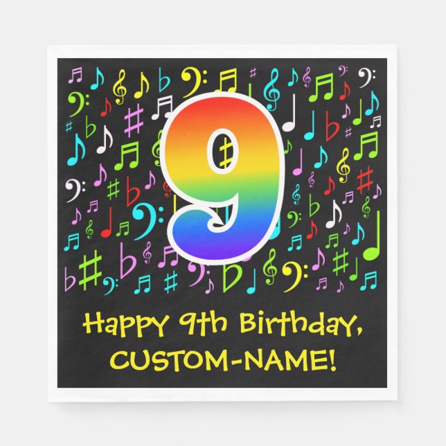 9th Birthday - Colourful Music Symbols, Rainbow 9 Napkin (Front)
