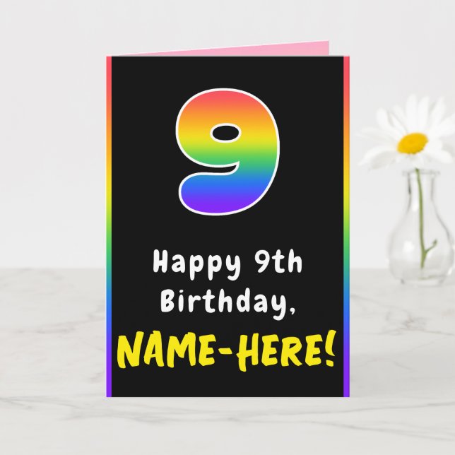 9th Birthday: Colourful Rainbow # 9, Custom Name Card (Small Plant)