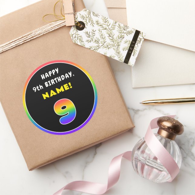 9th Birthday: Colourful Rainbow # 9, Custom Name Classic Round Sticker (Gifting)