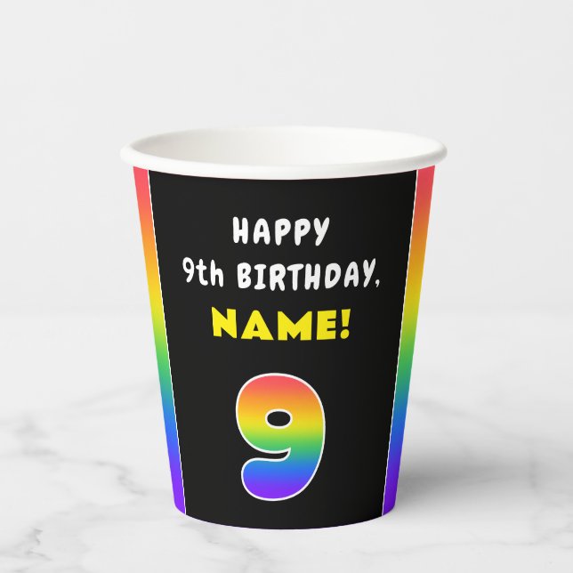 9th Birthday: Colourful Rainbow # 9, Custom Name Paper Cups (Front)