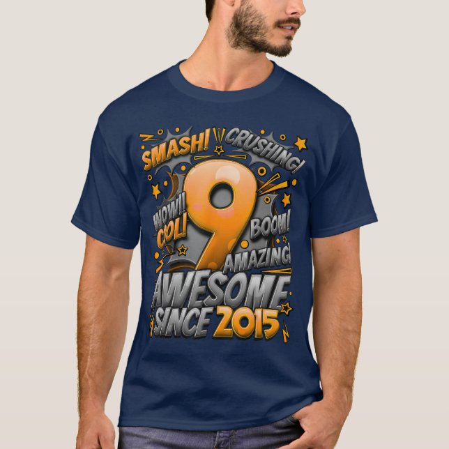 9th Birthday Comic Style Awesome since 2015 9 Year T-Shirt (Front)
