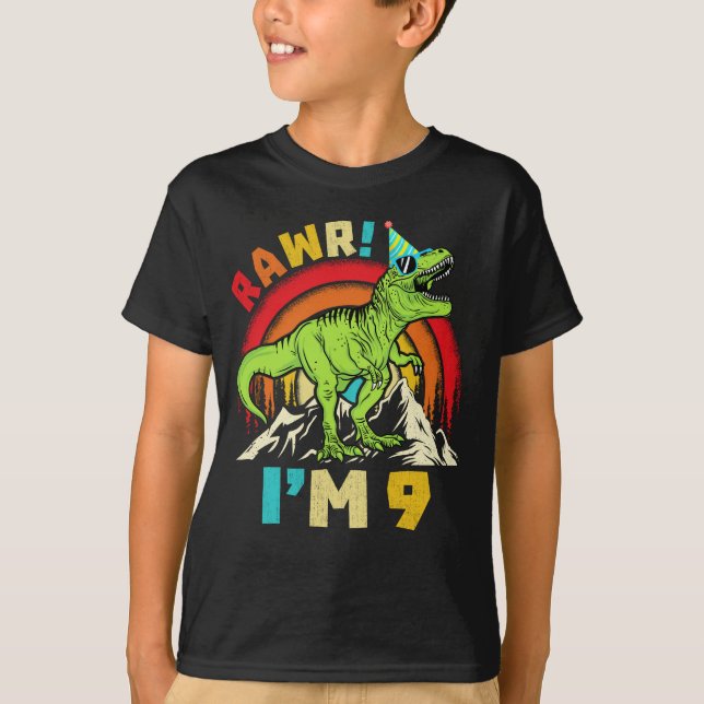 9th Birthday Dinosaur T Rex Rawr I'm 9 For Boys  T-Shirt (Front)