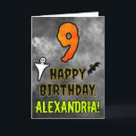9th Birthday: Eerie Halloween Theme   Custom Name Card<br><div class="desc">The front of this spooky and scary Hallowe’en themed birthday greeting card design features a large number “9” and the message “HAPPY BIRTHDAY, ”, plus a custom name. There are also depictions of a bat and a ghost on the front. The inside features a custom birthday greeting message, or could...</div>