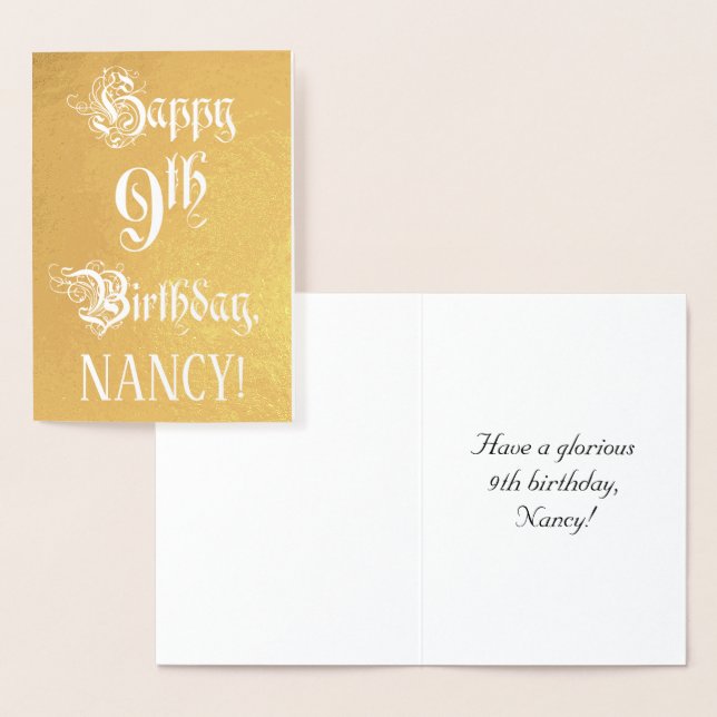 9th Birthday: Elegant, Ornate Script; Custom Name Foil Card (Display)
