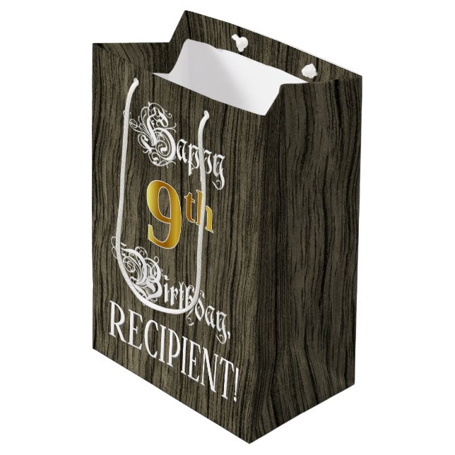 9th Birthday: Faux Gold Look & Faux Wood Pattern Medium Gift Bag (Front Angled)