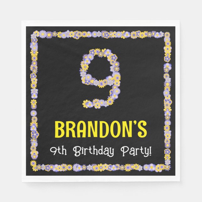 9th Birthday: Floral Flowers Number, Custom Name Napkin (Front)