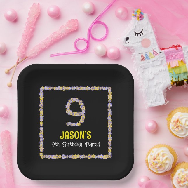 9th Birthday: Floral Flowers Number, Custom Name Paper Plate (Party)
