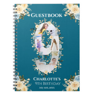 9th Birthday Flower Teal Photo Yellow Guest Book